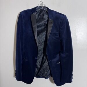 ASOS Tuxedo Blazer Mens 34 Navy Blue Solid Velvet Satin Peak Lapel Slim Fit